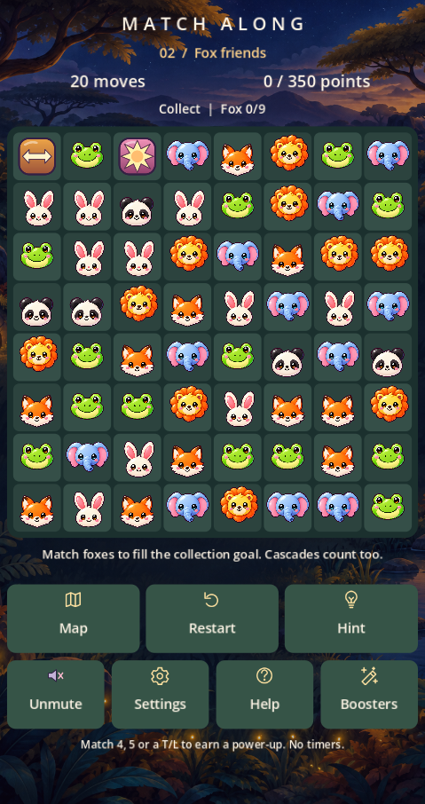 Match Along’s Animals theme with rabbit, fox, panda, lion, elephant, and frog tiles.