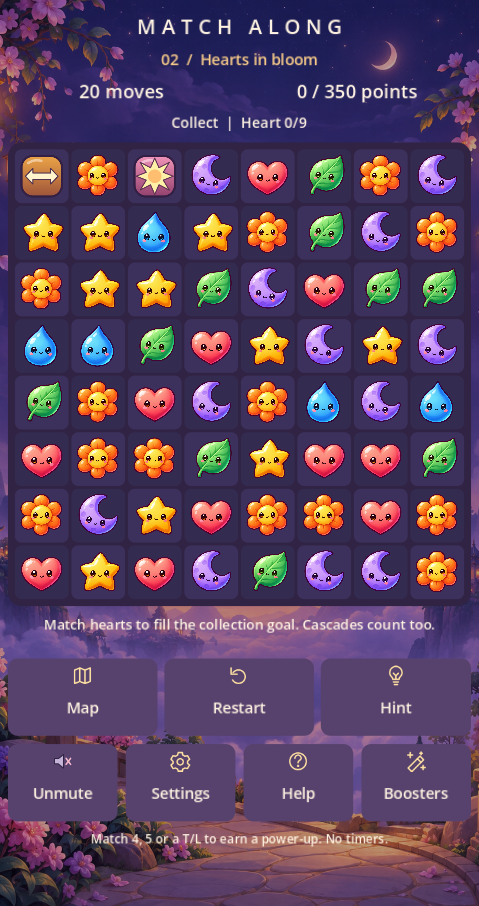 Match Along’s Garden theme: an eight-by-eight board of smiling stars, hearts, drops, leaves, moons, and flowers.
